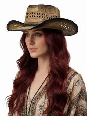 Brown Black Trim Straw Cowboy Hat Adjustable Brim Chin Strap Western Festival